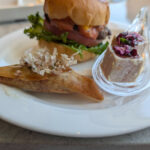 Burger, takyoyaki triangles and bite sized tuna